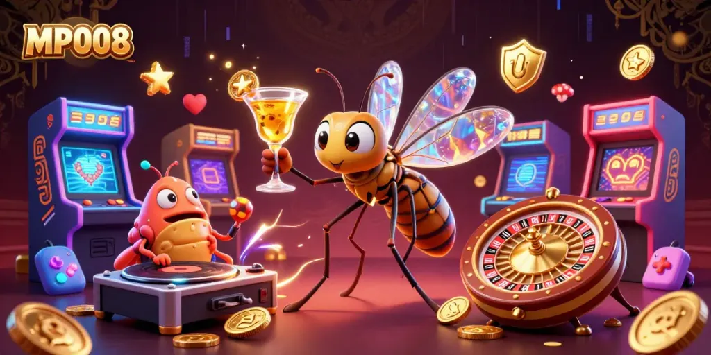 MPO08 showcases a vibrant casino scene featuring a frozen mosquito mascot, trilobite DJ, and roulette elements.