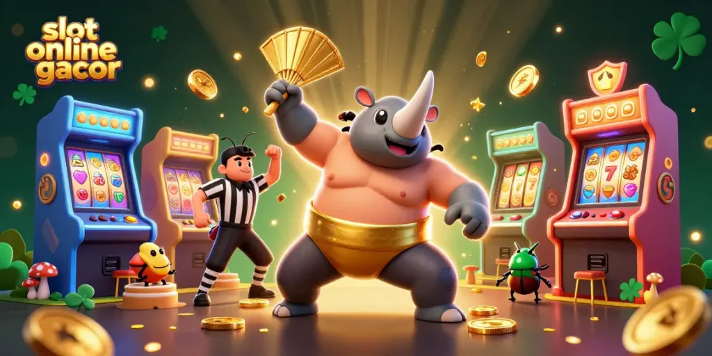 Experience thrilling moments with slot online gacor in a vibrant 3D casino illustration featuring animated beetles and arcade games.