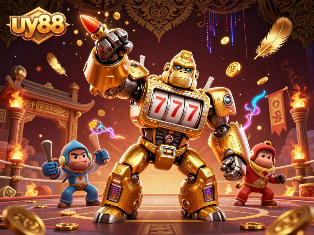 Explore epic wins with uy88's golden mech and thrilling games in a vibrant casino scene.