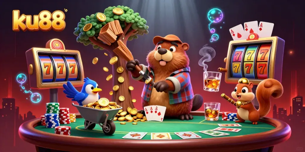 ku88 showcases a playful casino scene with cartoon beavers and gold coins while playing poker