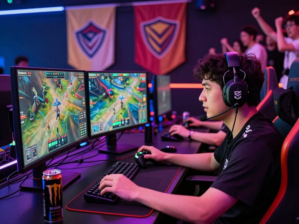 Gamer profesional di bos88ap.com beraksi di arena esports dengan layar ganda dan pencahayaan RGB yang hidup.