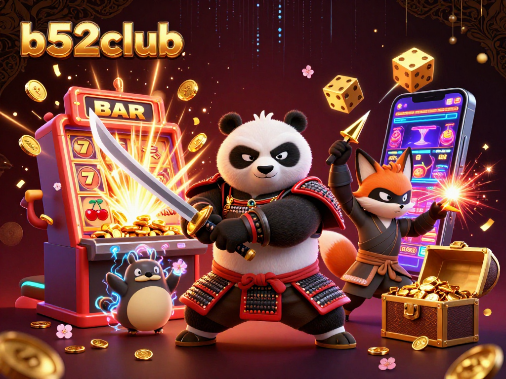 b52club showcases a vibrant 3D casino scene with samurai panda and golden slot machine bursting with coins.