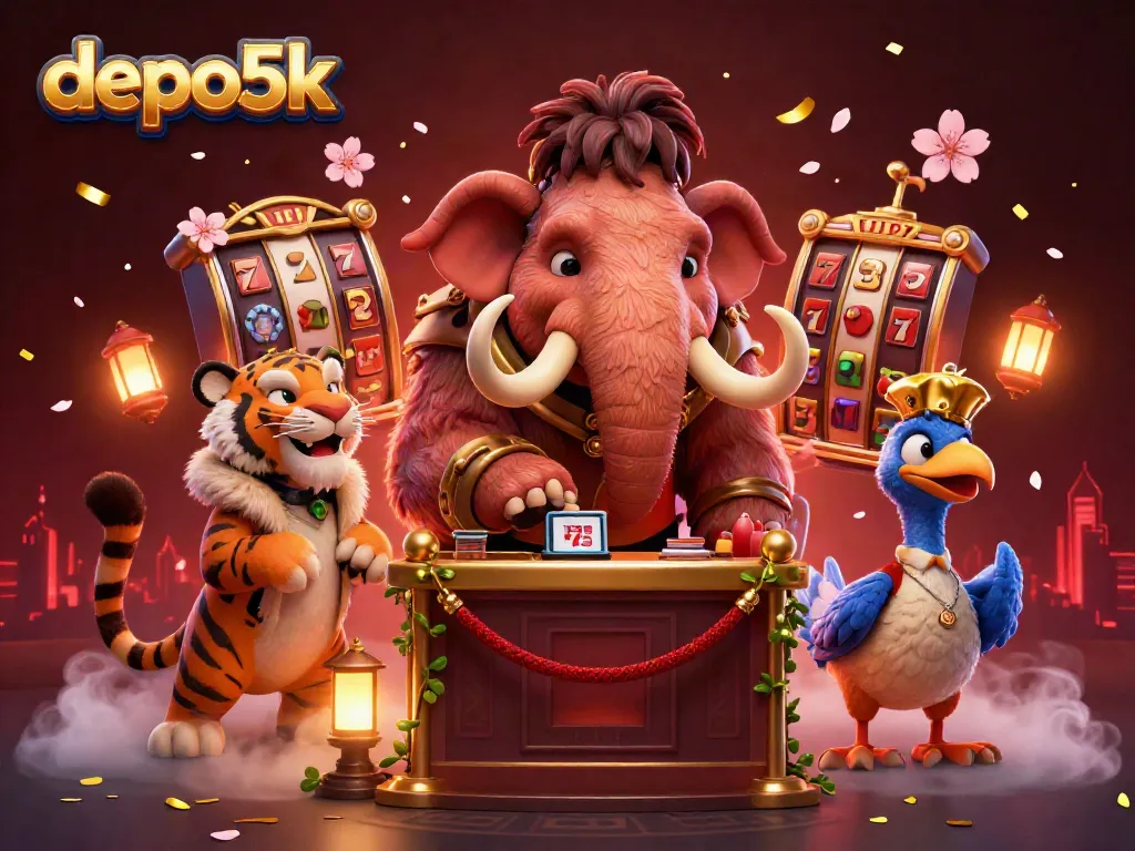 Engage with depo5k's festive casino scene featuring vibrant characters and dynamic gaming elements.