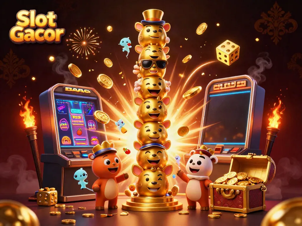 Engage with Slot Gacor illustrative artwork featuring vibrant 3D casino elements and dynamic characters.