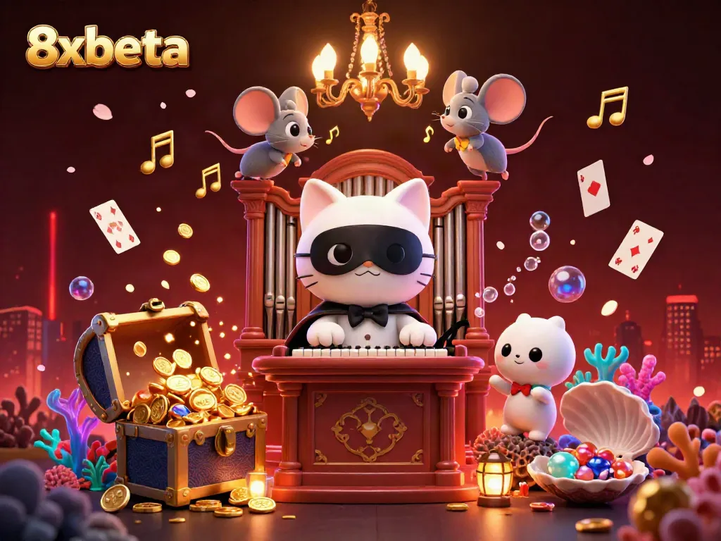 Experience the excitement at 8xbeta with this festive casino illustration featuring slots, cards, and acrobatic charm.