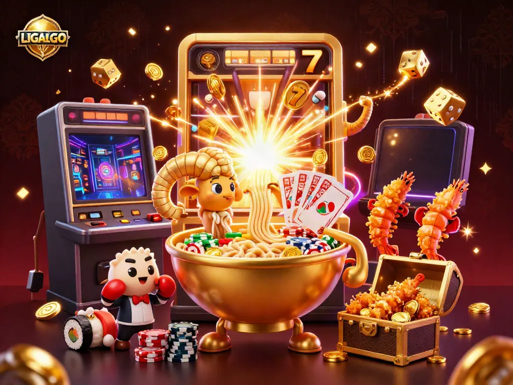 LIGALGO showcases vibrant animated casino characters and jackpot elements in a dynamic cartoon scene.