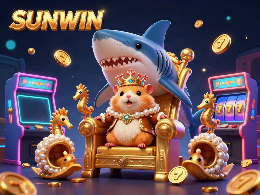 Experience the SUNWIN casino adventure with a golden hamster king on a shark throne amidst vibrant gaming elements.