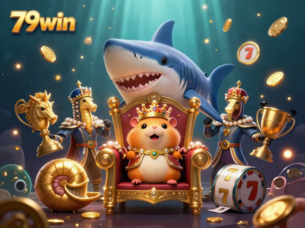 Engage with 79win through a dynamic underwater casino scene featuring a golden hamster king and colorful game elements.