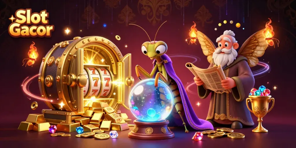 Engage in thrilling slot gacor gameplay with enchanting fortune teller and librarian in mystical casino.