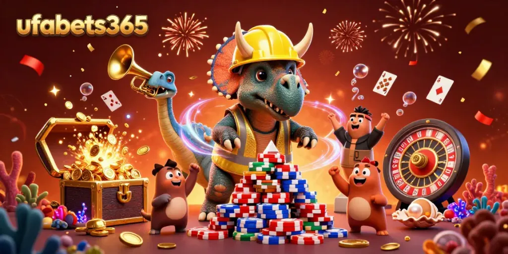 Experience excitement with ufabets365 as cartoon dinosaurs celebrate casino wins surrounded by poker chips and treasures.