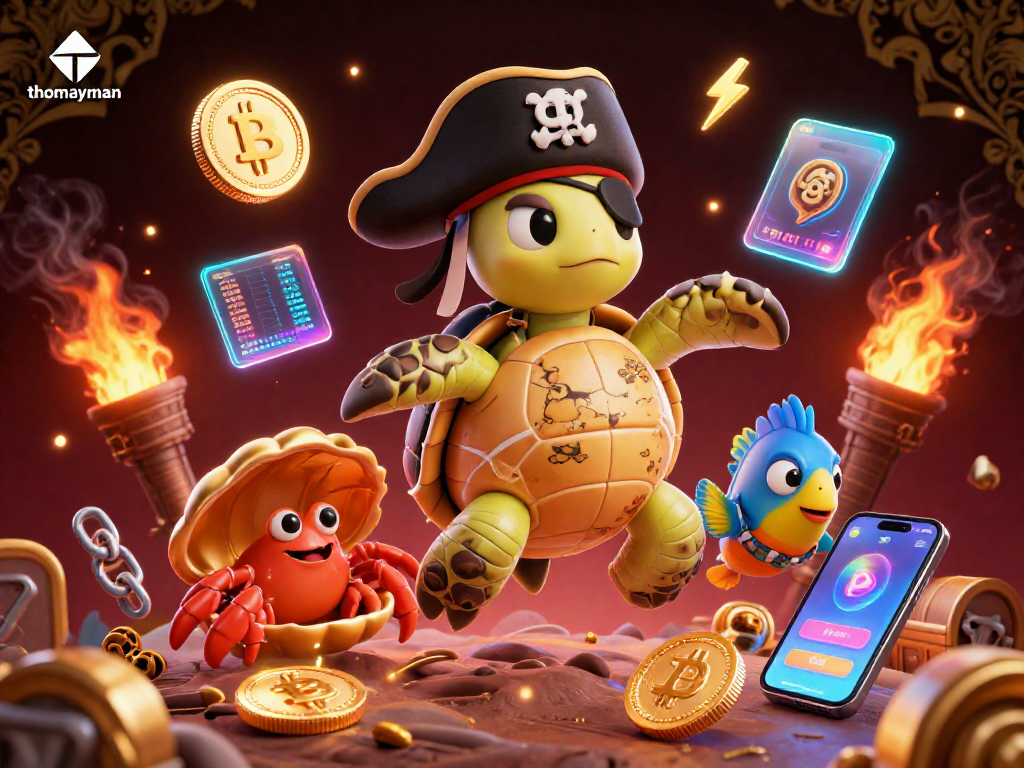 Engage with thomayman as a pirate turtle navigates treasure using Bitcoin and Ethereum assets.