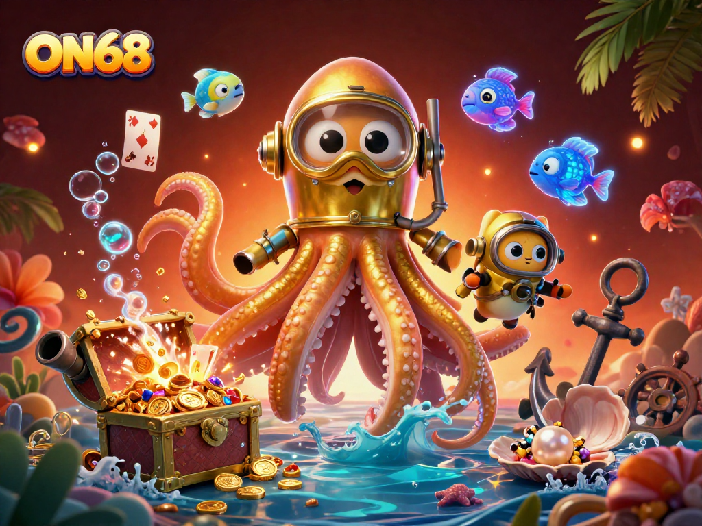 Experience the thrill of gaming with ON68 as the kraken protects treasures amid a diving cat and glowing fish.