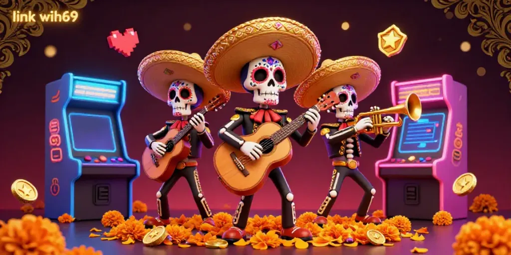 Permainan seru di link wih69 bersama band mariachi kerangka, menampilkan aksi meriah di dunia game online.