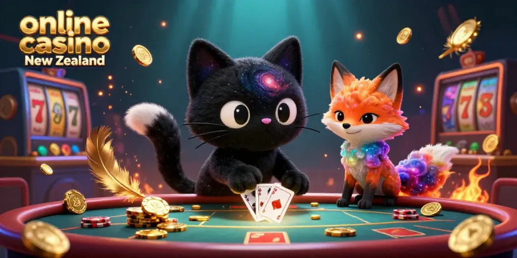 Experience the thrill of an online casino New Zealand with captivating cosmic characters at a casino table.