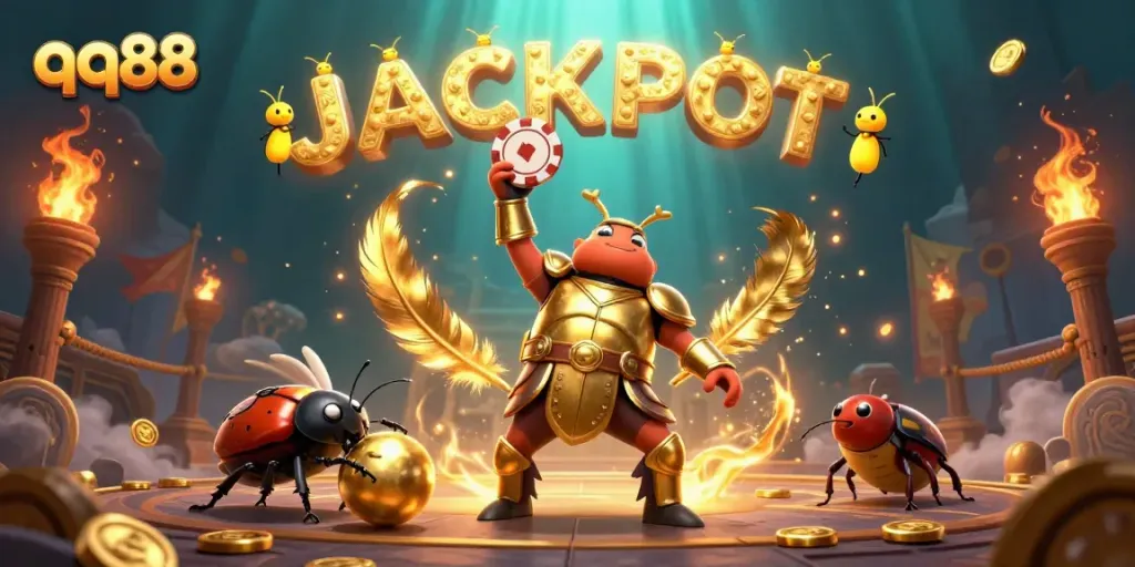 Win big at qq88 with this vibrant 3D illustration of a beetle lifting a poker chip amidst a jackpot celebration.