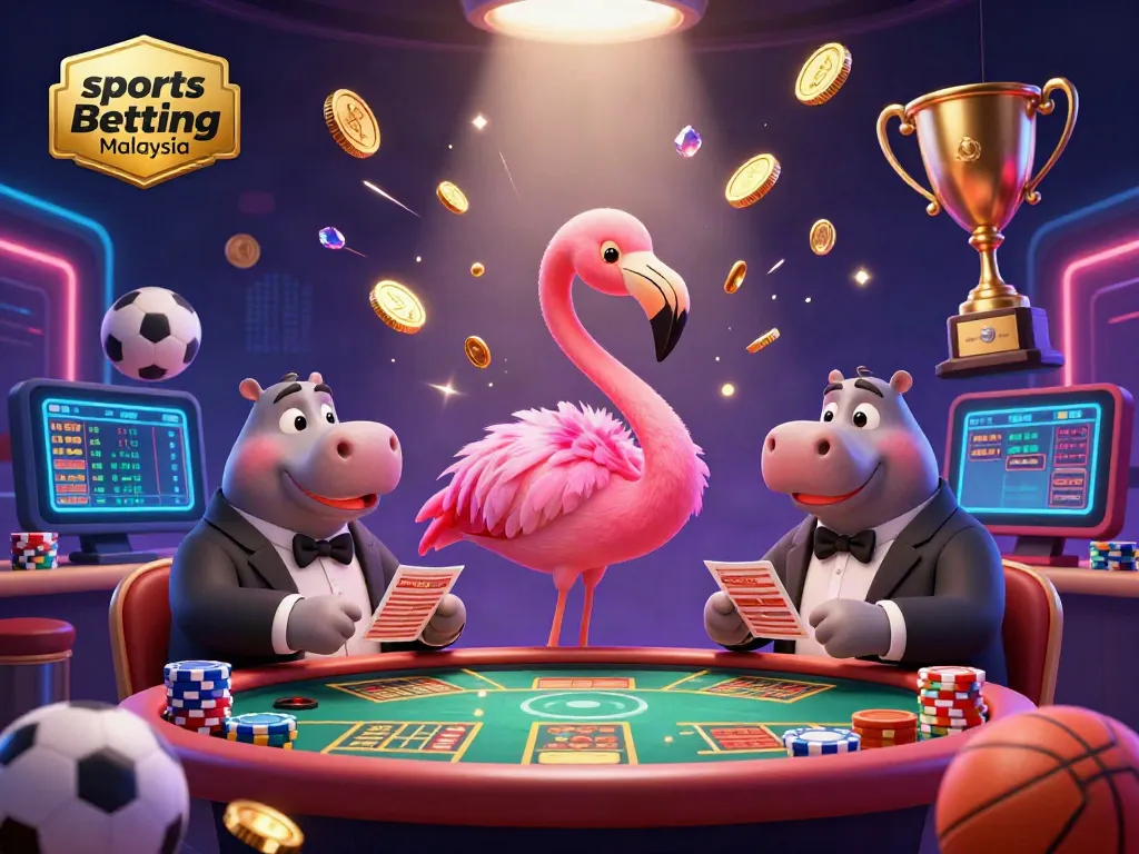Mengalami keseronokan pertaruhan sukan Malaysia dengan flamingo dan hippo yang bersorak di dewan taruhan.