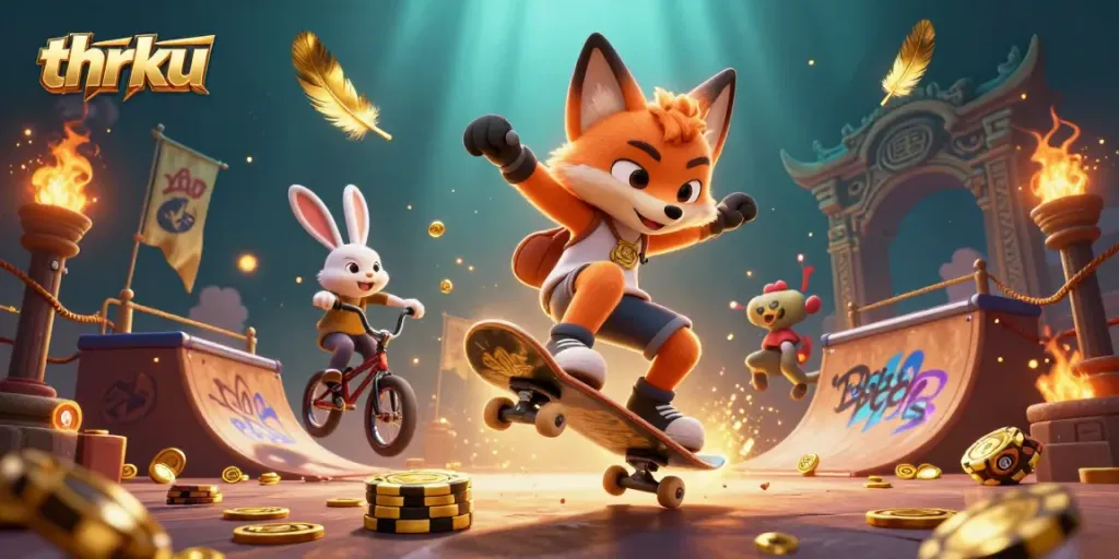 Thrku showcases a vibrant 3D casino scene with a skateboarder fox and BMX rabbit in thrilling action.