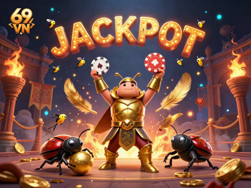 Exciting victory scene at 69 VN featuring a heroic beetle lifting a poker chip, with vibrant decorations.