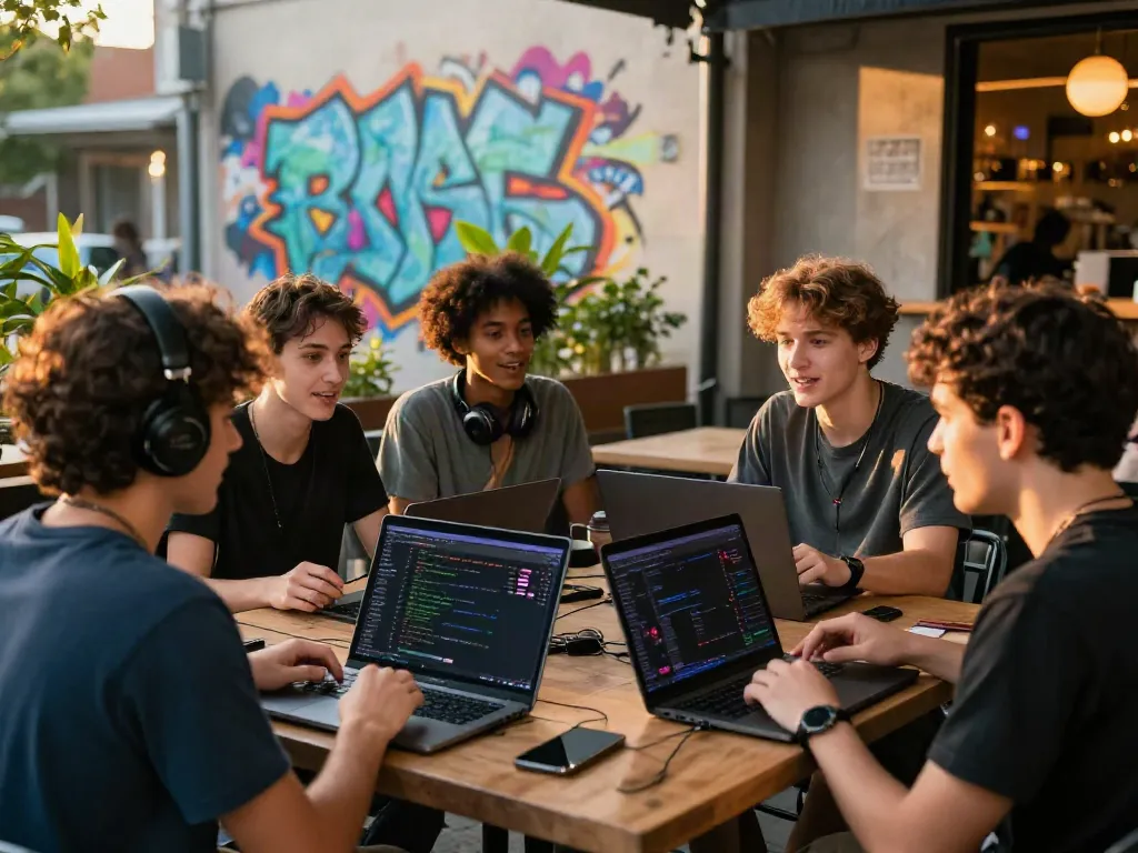 Young adults discussing strategies for akunjp at an outdoor cafe, vibrant urban atmosphere.