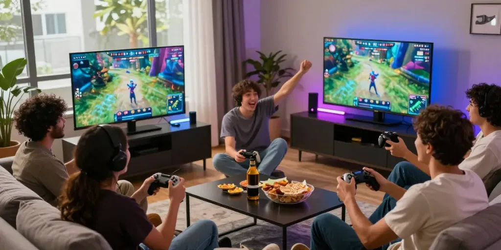 Pengalaman bermain game online BINTANG77 yang menarik dengan teman-teman di ruang tamu modern.