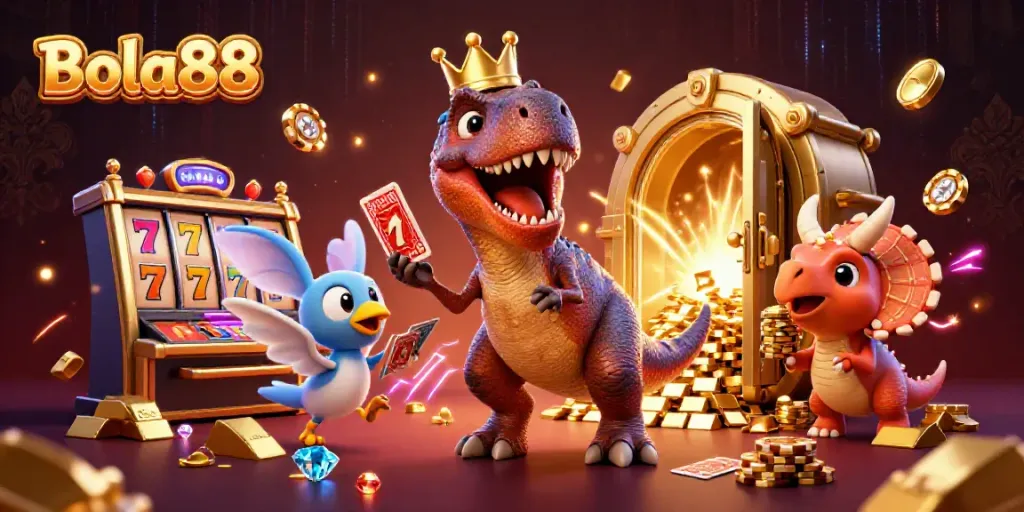 Bola88-themed 3D casino scene with a T-Rex, pterodactyl, and baby triceratops playing cards and stacking chips.