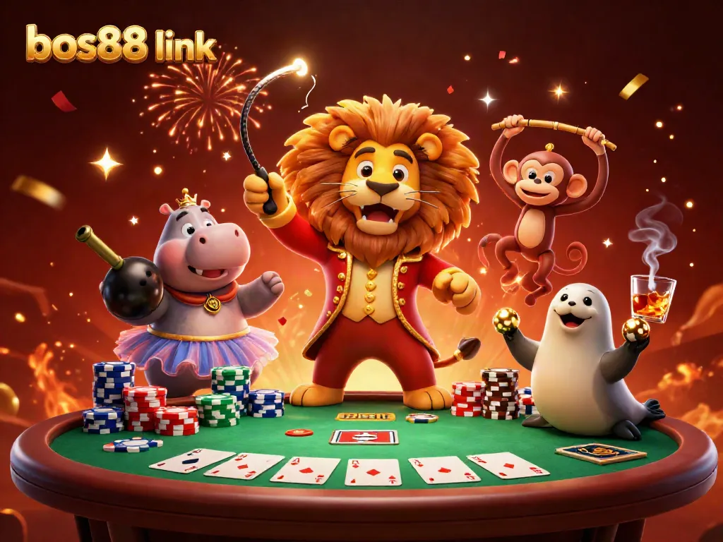 Experience the exciting energy of bos88 link with lively casino characters and poker elements in vibrant colors.