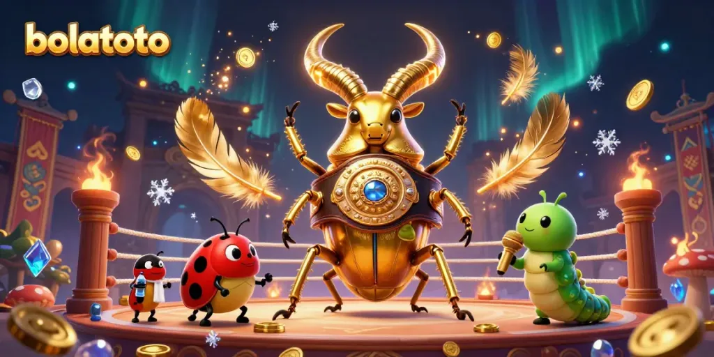 Experience bolatoto excitement with a 3D cartoon beetle champion and casino-themed characters in action.