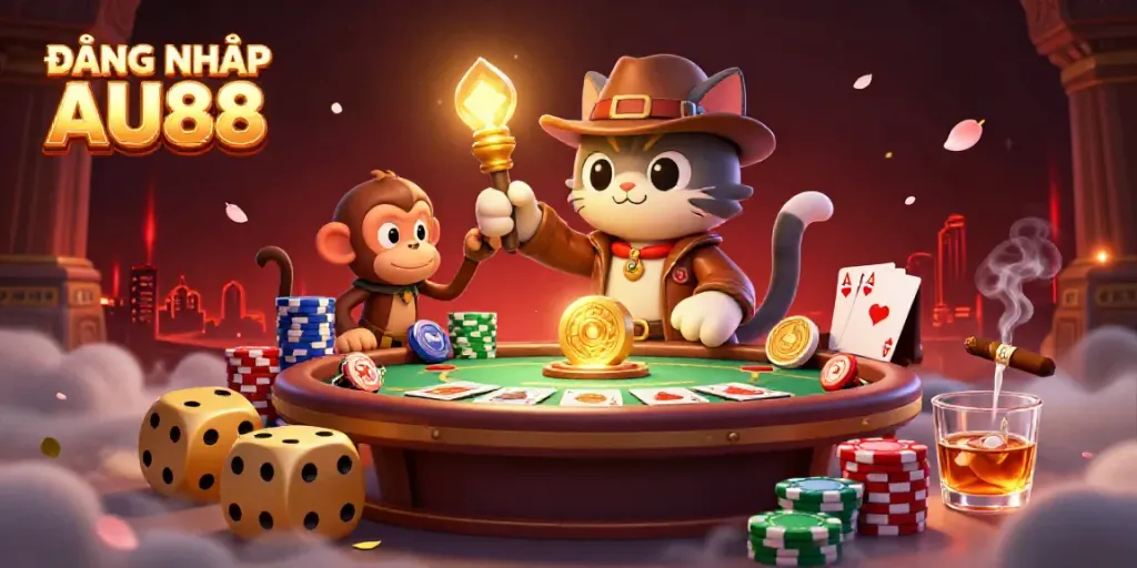 Engage with ĐĂNG NHẬP AU88 in a colorful, immersive casino adventure featuring 3D characters discovering artifacts.