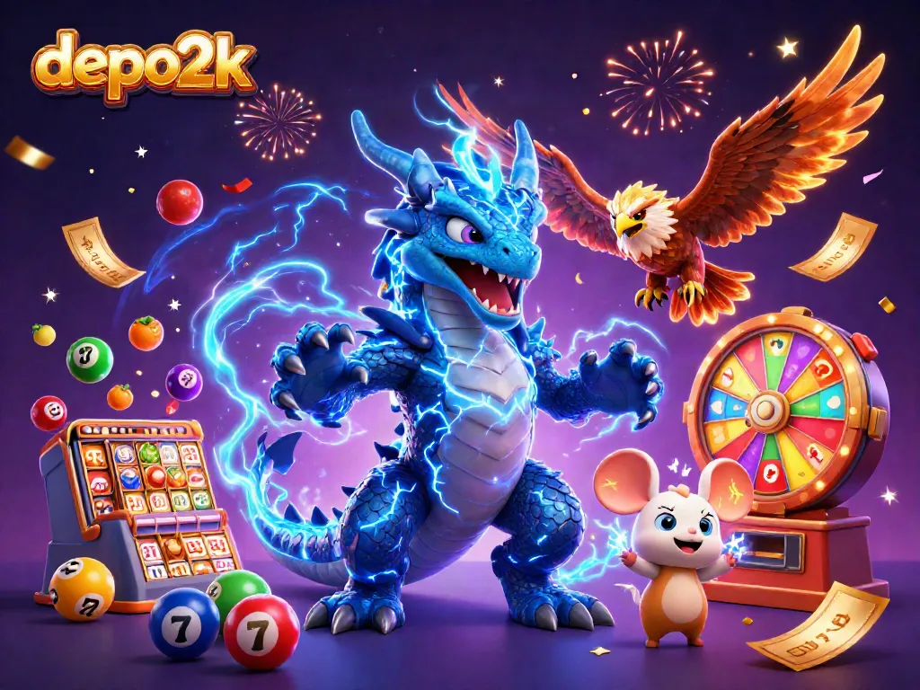 Engage with depo2k's vibrant 3D illustration of thrilling slot games featuring dynamic characters and exciting game elements.