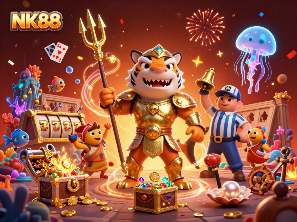 Engage with NK88's thrilling casino experience featuring an underwater colosseum and vibrant slot elements.