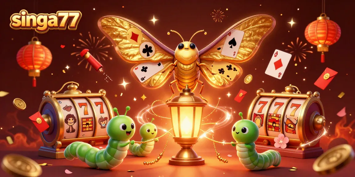 Experience thrilling gameplay with singa77's vibrant casino scene featuring a stunning moth and slot reels.
