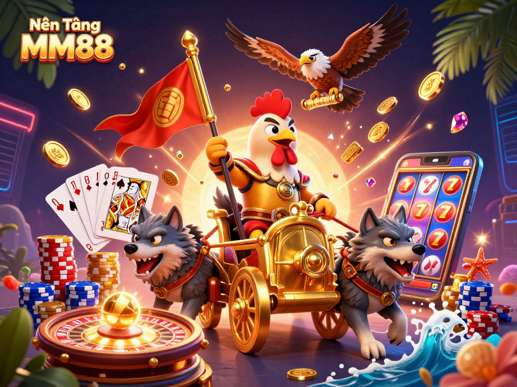 Nền Tảng MM88 showcases a vibrant 3D casino scene with a rooster warlord, golden chariot, and dynamic game elements.
