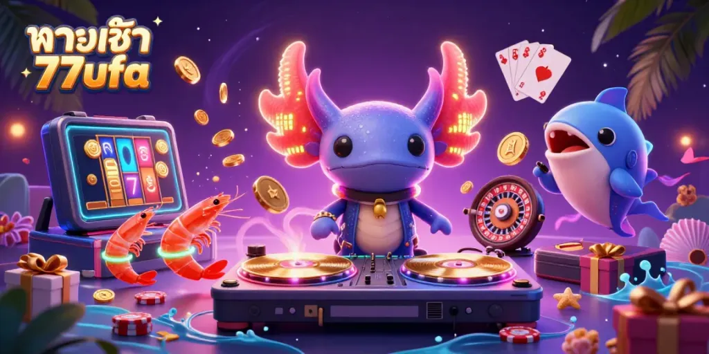 Experience excitement at ทางเข้า 77ufa as a vibrant axolotl DJ creates a lively casino atmosphere.