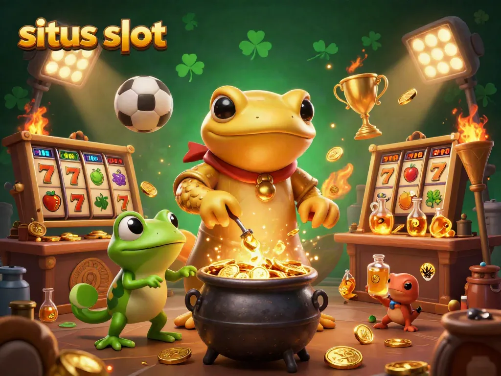 Menghasilkan kemenangan di situs slot dengan ilustrasi alkemis dan karakter ceria di laboratorium.