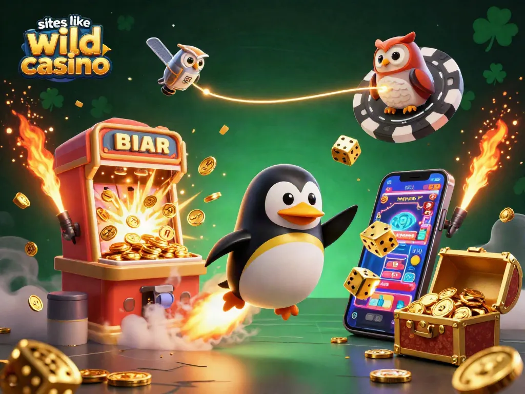 Experience excitement with sites like wild casino, featuring a golden penguin soaring towards a casino space station amidst jackpot explosions.