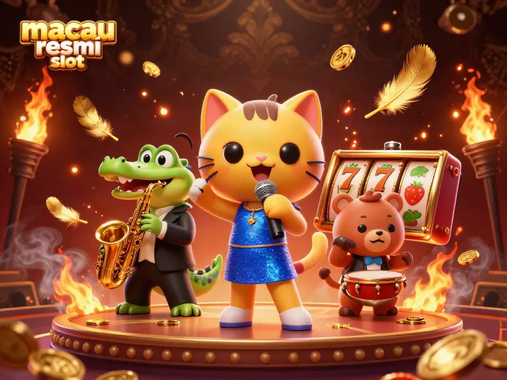 Slot bermain yang seru di macau resmi slot dengan karakter kucing penyanyi jazzy, buaya pemain saksofon, dan beruang kecil di atas panggung.