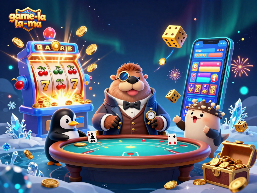 Experience thrilling gameplay at game-la-ma, featuring a jolly walrus and engaging casino elements in a vibrant 3D scene.