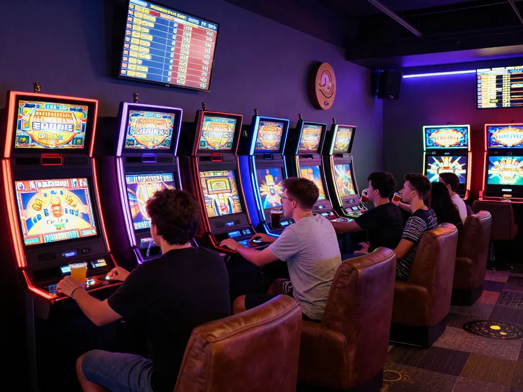 Players enjoying luxury12 slot games in a vibrant gaming lounge.