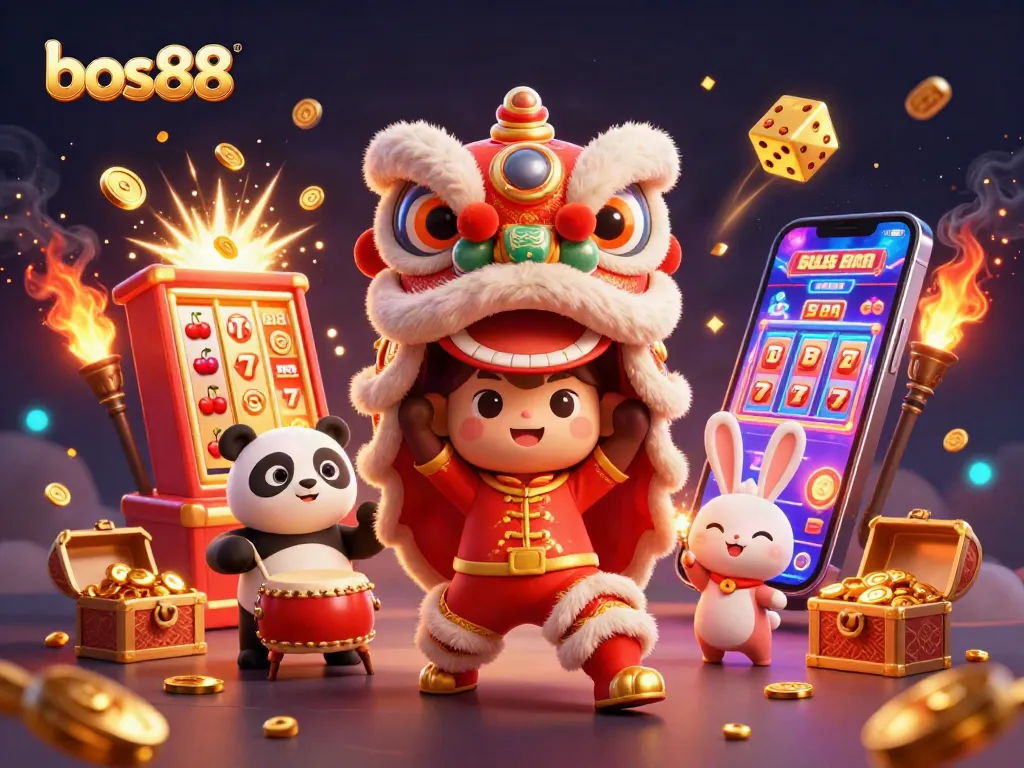 Menghadirkan bos88 dalam aksi slot, dengan karakter pertunjukan dan mesin slot meledak penuh koin.