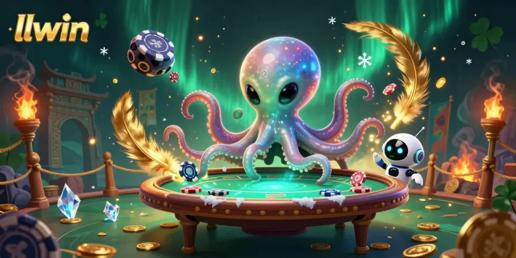 Experience thrilling poker action with llwin's vibrant 3D alien casino scene featuring dynamic game elements.
