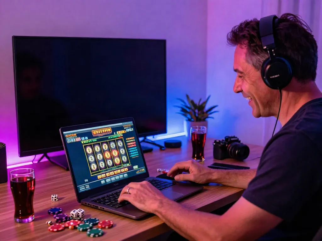 Player enjoying link slot games on a laptop in a vibrant home gaming setup.