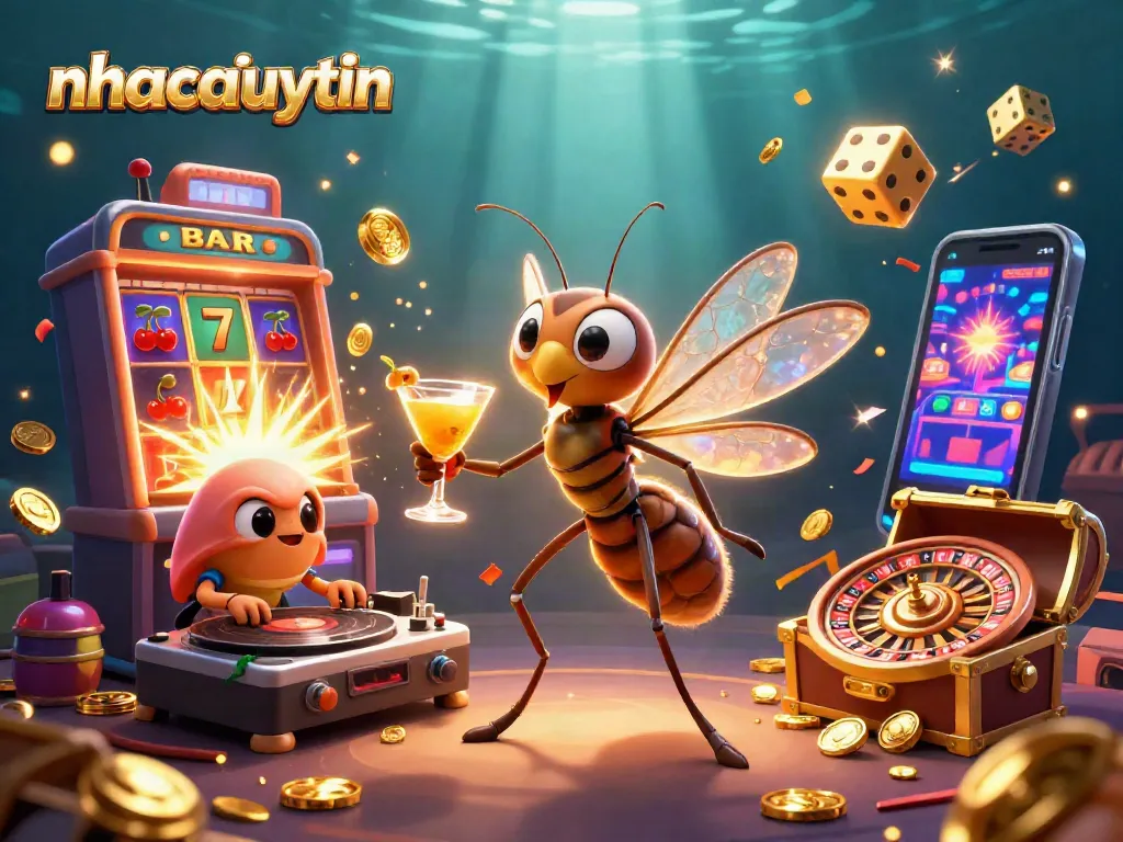 Engage with nhacaiuytin's vibrant casino world through a lively 3D illustration featuring exciting gambling elements.
