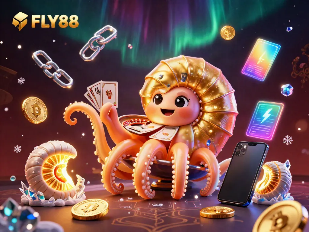 Engage with FLY88’s dynamic 3D casino scene showcasing an ancient nautilus roulette wheel among glowing crypto elements.