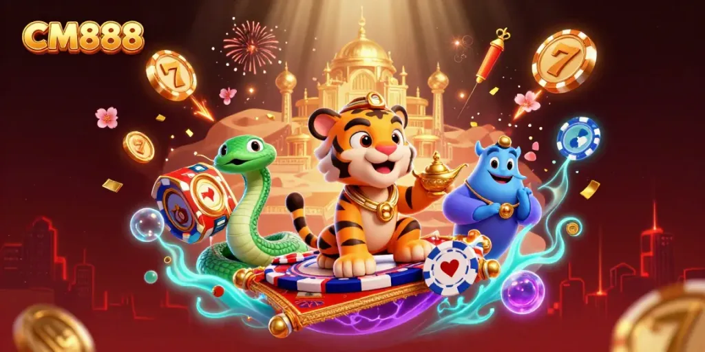 Engaging visual of CM888 theme with 3D cartoon tiger sultan flying on poker chips, set in a dynamic casino scene.