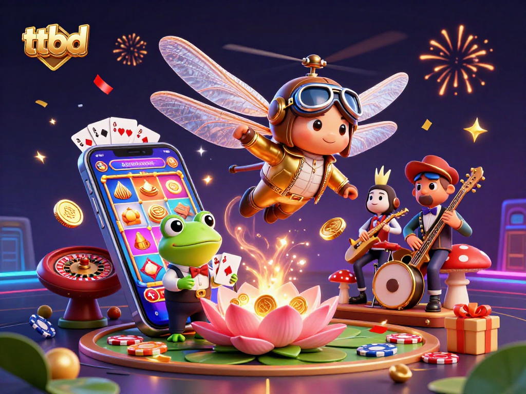 Experience thrill with ttbd as the dragonfly pilot hovers over a vibrant lily pad casino scene.