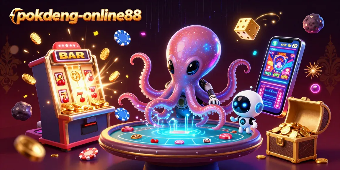 Experience thrilling poker action with pokdeng-online88; an alien octopus plays holographic cards among vibrant casino elements.