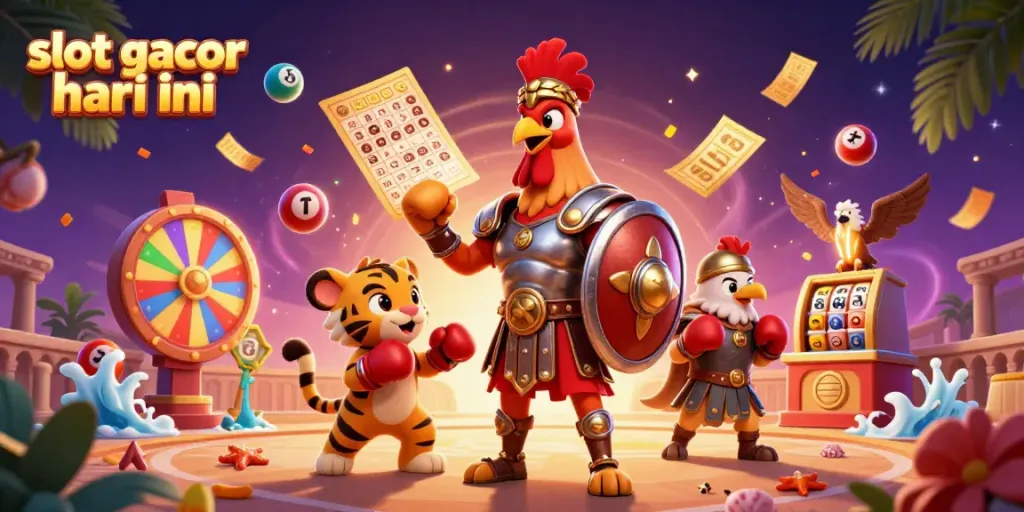 Slot gacor hari ini dengan ayam jantan berpakaian prajurit, bola undian, dan elemen kasino lainnya.