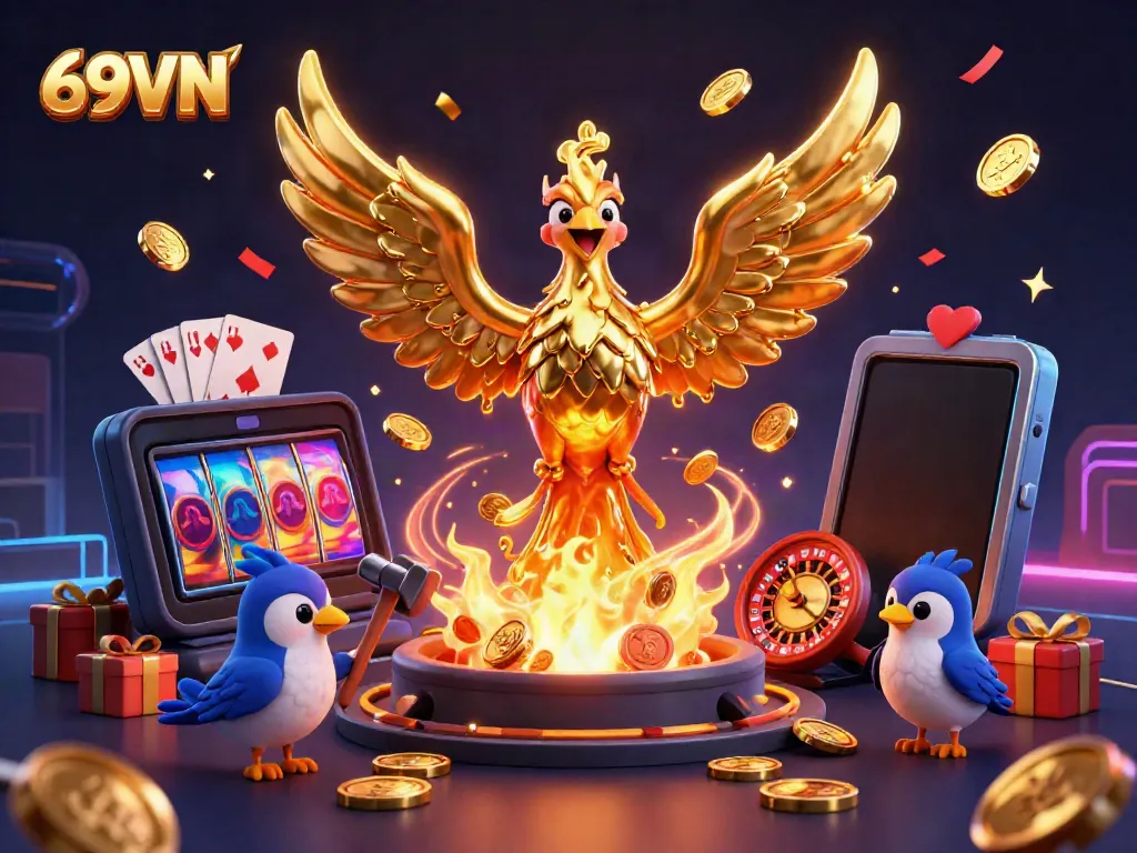 Experience the thrill of winning at 69VN with a vibrant 3D casino scene featuring bold golden phoenix and dynamic gaming elements.