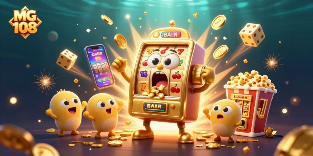 Mesin slot mg 108 menang jackpot, dikelilingi oleh mesin kecil dan efek koin berkilau.