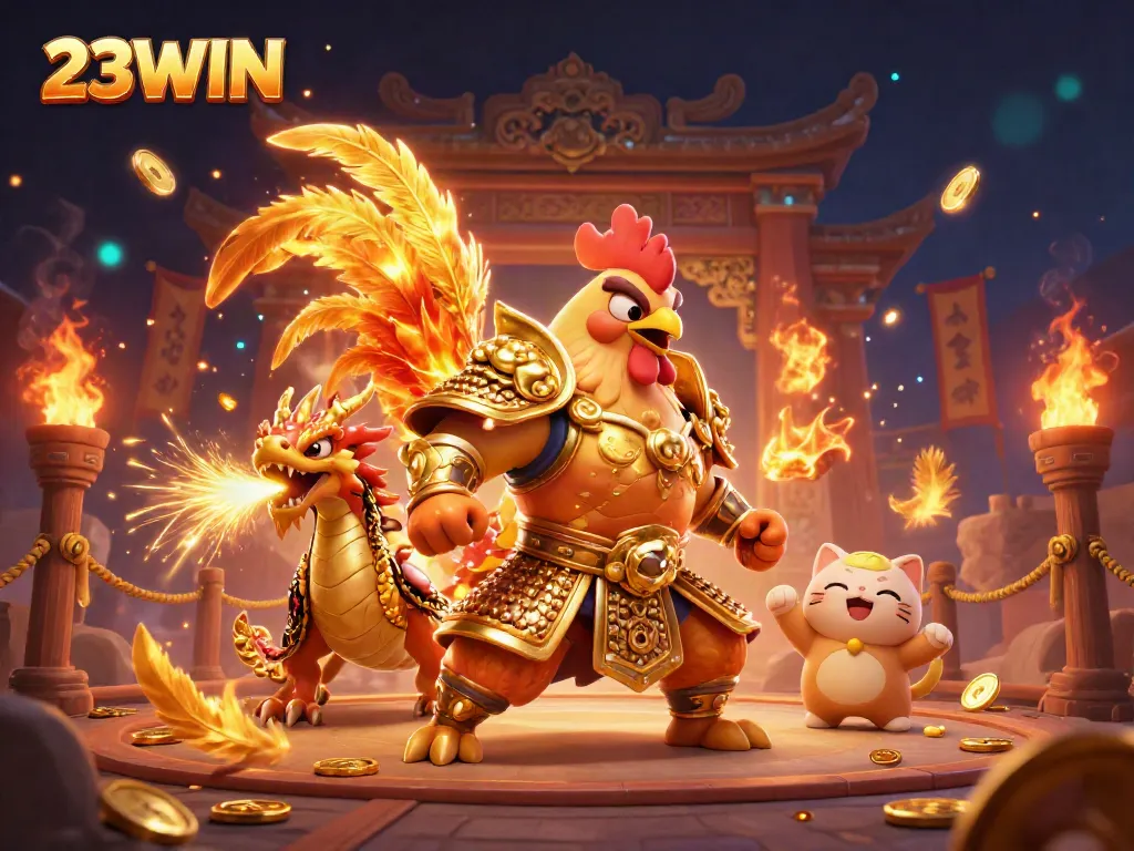 Experience the excitement of 23WIN with vibrant illustrations of unique gambling characters in a dynamic scene.
